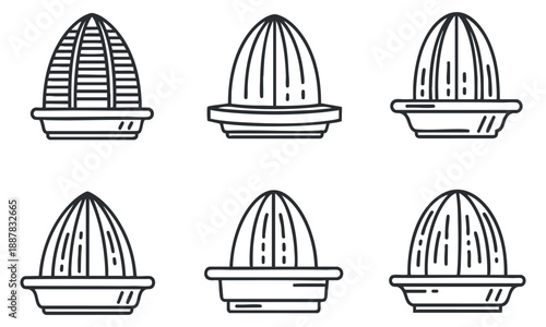 A set of six citrus juicers in line art outline style, perfect for kitchen and cooking design projects