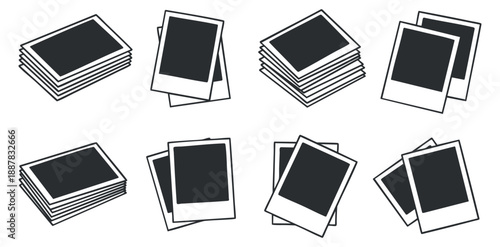 A collection of photo frames and stacks of pictures in black and white vector style, ideal for photography projects and creative designs