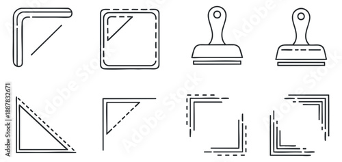 A set of various geometric corner and stamp icons in clean outline vector style, suitable for design and creative projects