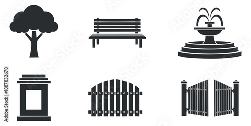 A collection of park elements featuring a tree, bench, fountain, monument, gate, and wooden fence in black silhouette vector style, ideal for landscaping and outdoor design projects