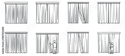 A collection of curtain designs in minimalist outline vector style, ideal for interior design and home decor projects