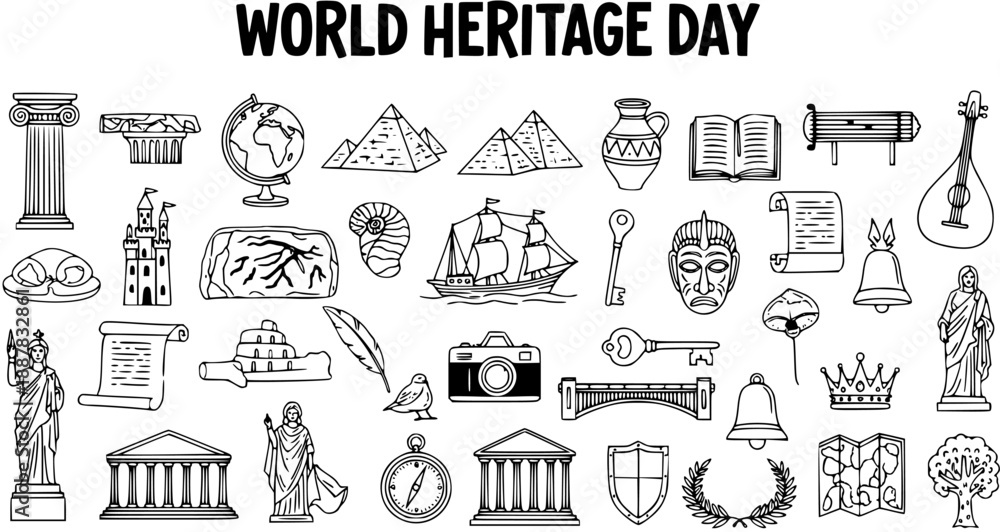 Fototapeta premium Black and White Hand-drawn Line Art Icons Set for World Heritage Day, featuring historical, cultural, and travel symbols for education and preservation.