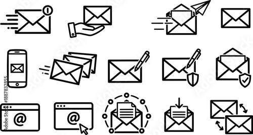 Line icon set of email and envelope symbols showing sending, receipt, mobile and security icons in minimal flat vector layout