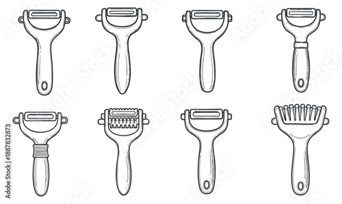 A set of various kitchen peelers in black and white outline vector style, suitable for culinary design projects