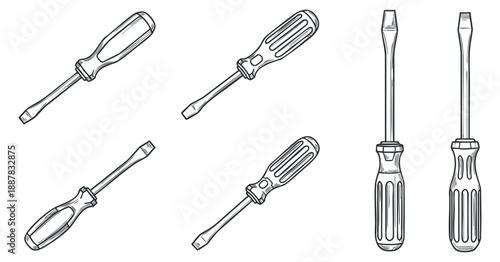 A collection of various screwdriver designs in black and white outline vector style, suitable for engineering and repair projects