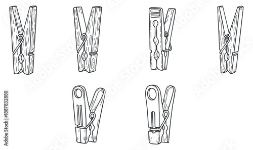 A collection of six wooden clothes clips in black and white outline vector style, ideal for home and laundry designs