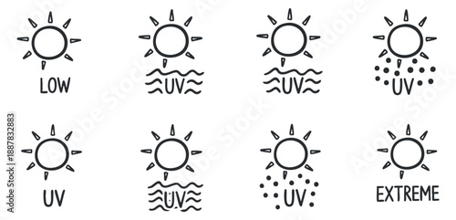 A collection of sun icons indicating UV levels from low to extreme in black and white minimalist vector style, suitable for health and safety infographics