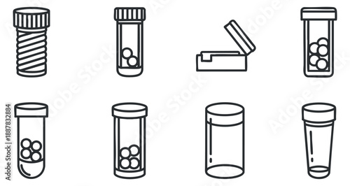 A set of outline vector illustrations of various pill containers and bottles, ideal for medical and pharmaceutical designs