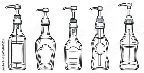 A collection of five outline vector style pump bottles, ideal for packaging design and branding in health and beauty sectors