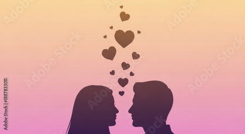 Couple silhouettes facing each other with hearts rising