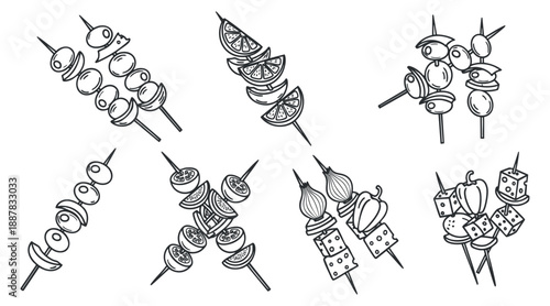 A collection of various food skewers featuring meat, vegetables, and fruits in outline vector style, ideal for culinary projects and menus