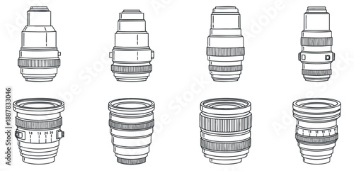 A collection of camera lenses in black and white outline vector style, suitable for photography-related designs and branding