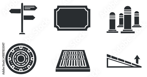A collection of directional signs, labels, and geometric shapes in flat black and white vector style, suitable for navigation design