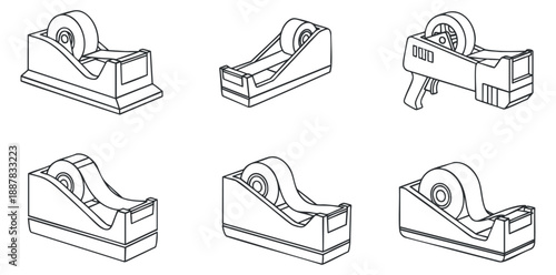 A collection of tape dispensers in minimalist black and white outline vector style, ideal for office and stationery design