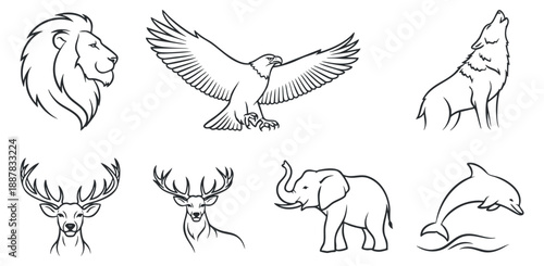 A collection of animal icons featuring a lion, eagle, wolf, deer, elephant, and dolphin in clean black and white vector outline style, ideal for wildlife-themed designs
