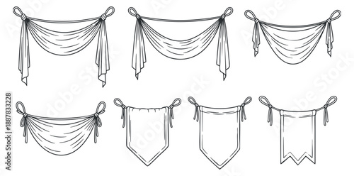 A collection of decorative banners and garlands in outlined vintage style, suitable for festive events and creative designs