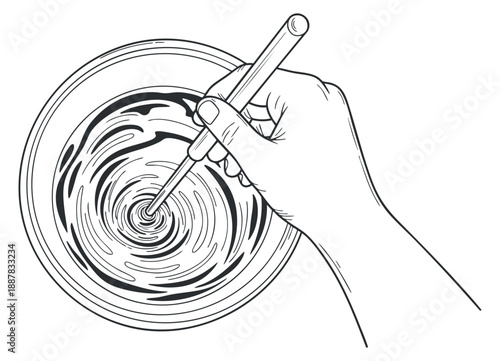 A hand stirring a swirling liquid in a bowl in detailed outline vector style, suitable for cooking and recipe illustrations
