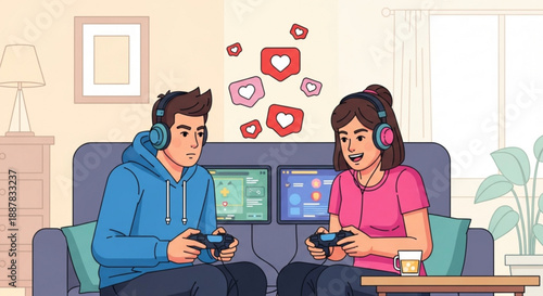 Young couple gaming together on couch with headsets and controllers