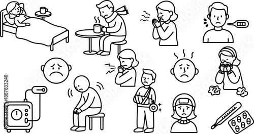 Line art medical icon set showing sick people with symptoms thermometers medicine and devices in simple black stroke flat outline