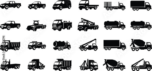vehicle, truck, icon, silhouette, commercial, utility, construction, black, white, illustration, vector, design, symbol, transport, pickup, fire, dump, mixer, tow, grid