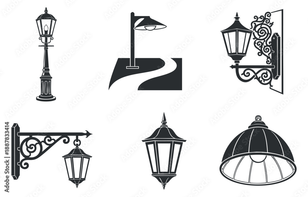 Fototapeta premium A collection of vintage street lamps and decorative lighting fixtures in black and white vector style, ideal for architectural design projects
