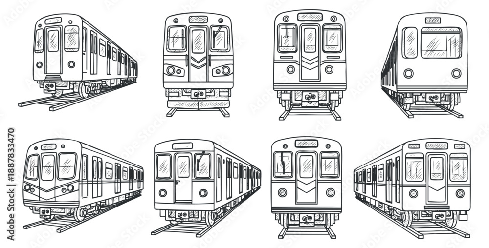 Obraz premium A collection of various train designs in black and white line art vector style, ideal for transport-themed projects