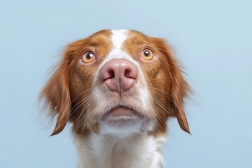 Dog with light brown fur and yellow eyes looks up against a blue background during a studio session for pet photos