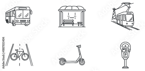 A collection of public transportation icons including a bus, train, scooter, bicycle, and bus stop in minimalist line art vector style, ideal for urban mobility projects