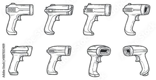 A collection of various handguns and thermal guns in outline black and white vector style, suitable for security and law enforcement designs