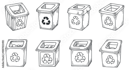 A collection of recycling bins in hand-drawn sketch style, suitable for environmental awareness projects and educational materials