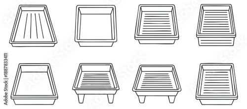 A set of eight various food trays in black and white outline vector style, ideal for kitchen and restaurant designs