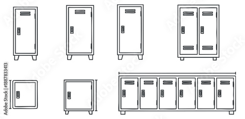 A collection of various locker designs in outline vector style, suitable for educational and office environments