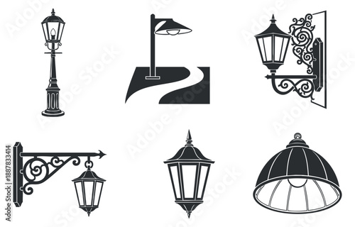 A collection of vintage street lamps and decorative lighting fixtures in black and white vector style, ideal for architectural design projects