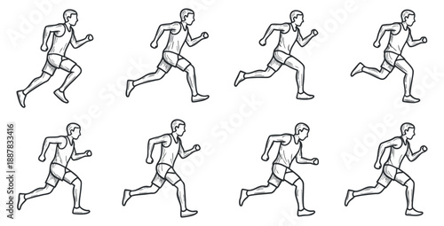 A set of six running man illustrations in outline vector style, suitable for fitness and sports-related projects
