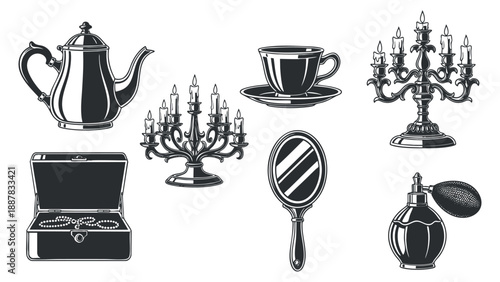 A collection of vintage decorative elements including a teapot, cup, candleholder, and jewelry box in black and white vector style, ideal for elegant home decor designs