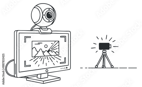 A computer monitor with a webcam and a tripod camera in minimalist line art vector style, ideal for digital media projects