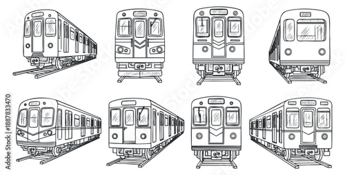A collection of various train designs in black and white line art vector style, ideal for transport-themed projects