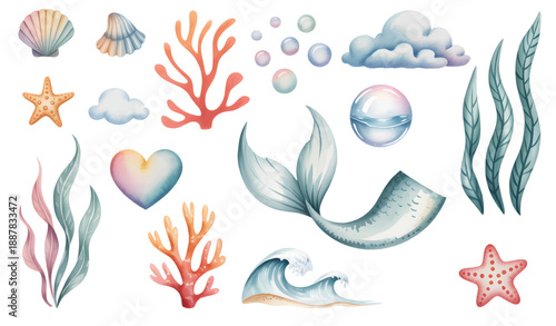 Underwater mermaid birthday elements isolated on white background.