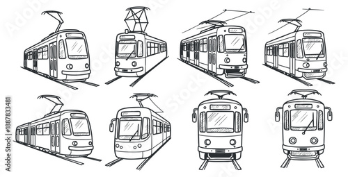 A collection of various tram and train designs in black and white outline vector style, suitable for transportation-related projects