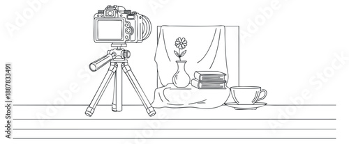 A camera on a tripod next to a vase with a flower and books in minimalist black and white outline vector style, suitable for photography themes