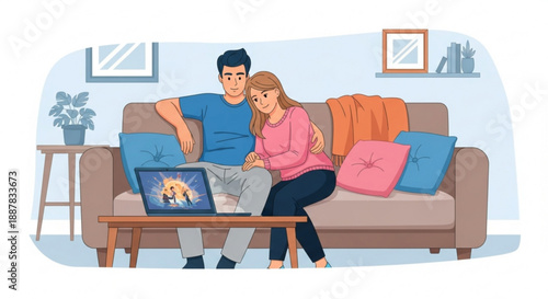 Couple sitting on couch using laptop together at home