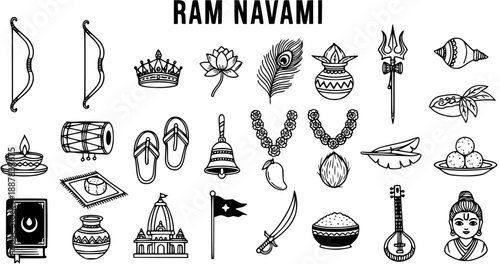 Ram Navami Hindu Festival Black and White Line Art Icon Set with Traditional Religious and Cultural Symbols of India