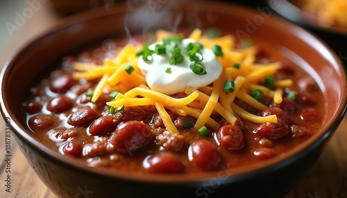Bowl of hot chili con carne with kidney beans ground beef topped with shredded cheese, dollop of sour cream, and chopped green onions. Steam rises from savory dish suggesting warmth and hearty meal. © Vadym