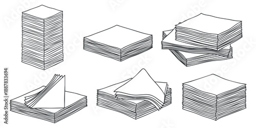 A collection of paper stacks and sheets in minimalist outline vector style, suitable for office and stationery design projects