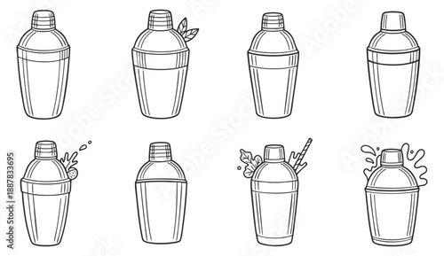 A collection of cocktail shakers in outline vector style, ideal for bar and mixology designs