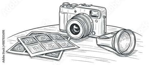 A vintage camera with film and photo prints in a detailed black and white sketch style, ideal for photography-themed projects