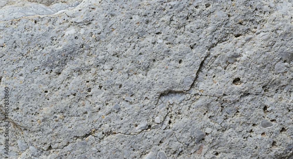 Naklejka premium Detailed close-up of a rugged, light gray natural stone surface, showcasing its unique granular texture and subtle fissures, capturing the raw beauty of natural rock