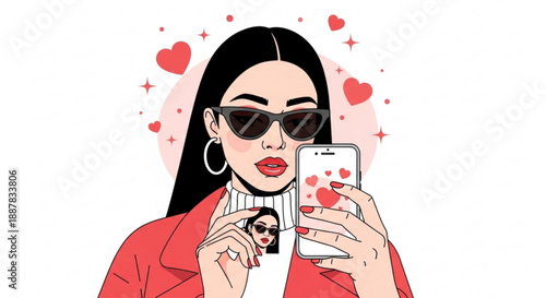 Woman taking selfie with smartphone surrounded by hearts and stars