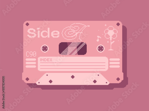 Pink Decorated Cassette Tape with Notes Paper with shadows, Pixel Art Style