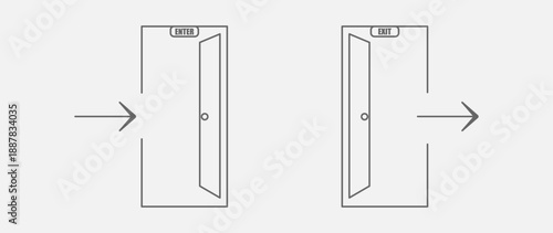 Vector flat illustration in grayscale. Entrance or exit door icon. Suitable for social media, icons, screensavers and as a template.